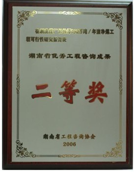 湖南省级优秀工程咨询二等奖（株洲洗煤厂长株潭150万吨/年洁净煤煤工程可行性研究报告）